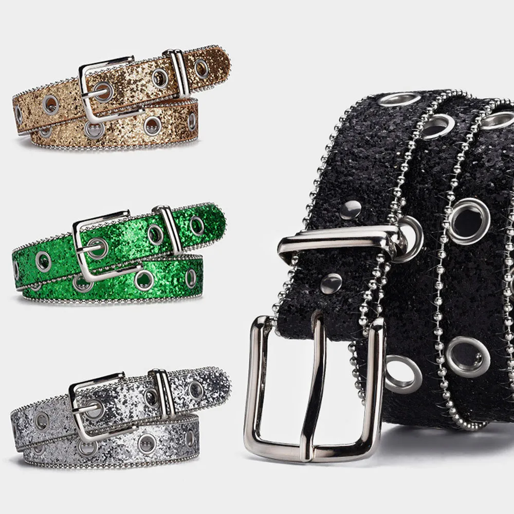 

Full Sequins Waist Belt Style Jeans Waistband Shiny Beaded Edged Faux Leather Adjustable Pin Buckle Bling Delicate Waist Strap