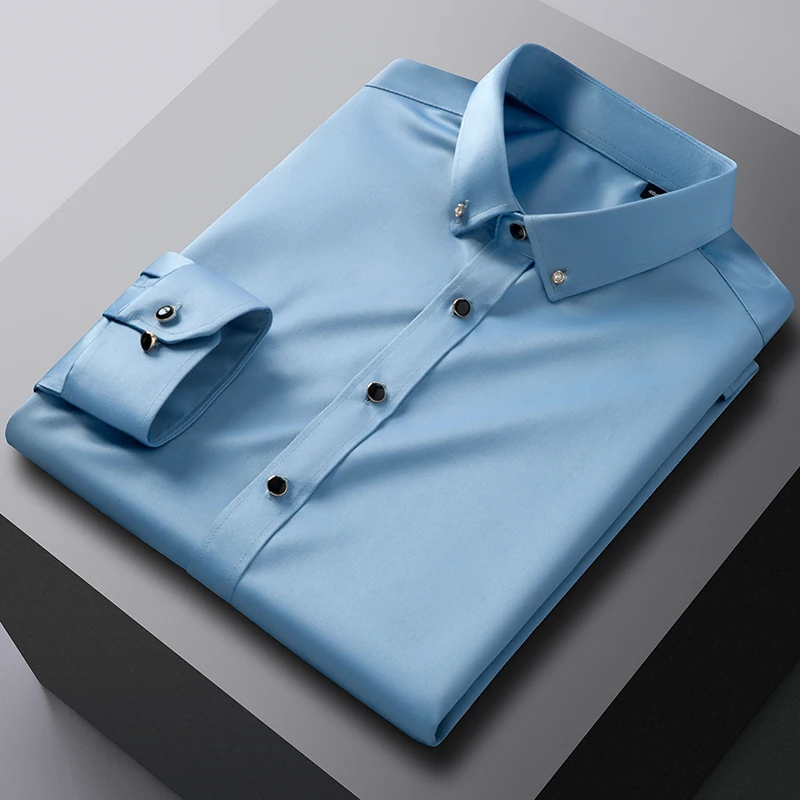 New in shirt Drill buckle long-sleeve shirts for men slim fit formal plain shirt elastic solid Party clothes elegant white tops