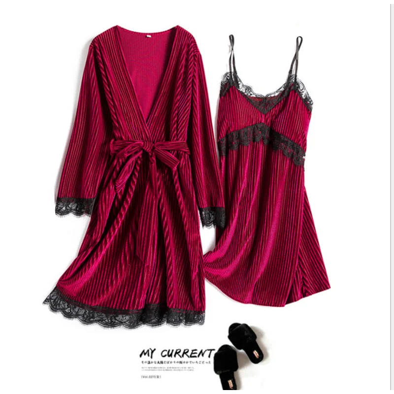 

New Fashion Women Sexy Velvet Pajama Sets Ladies Lace V-Neck Sleepwear Lingerie Bodysuit