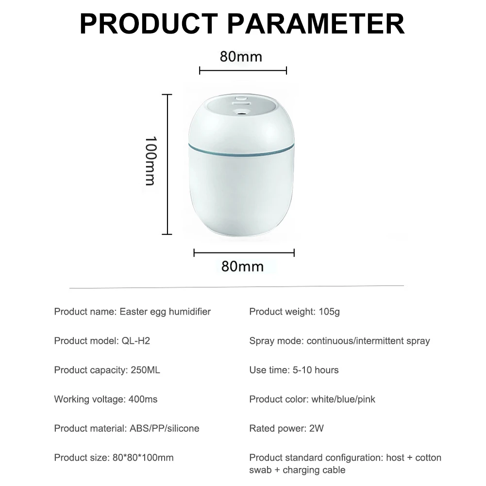 250ml Mini Car Air Humidifier Usb Portable Essential Oil Diffuserand Aroma Anion Mist Maker LED Smart Air Humidifier For Home
