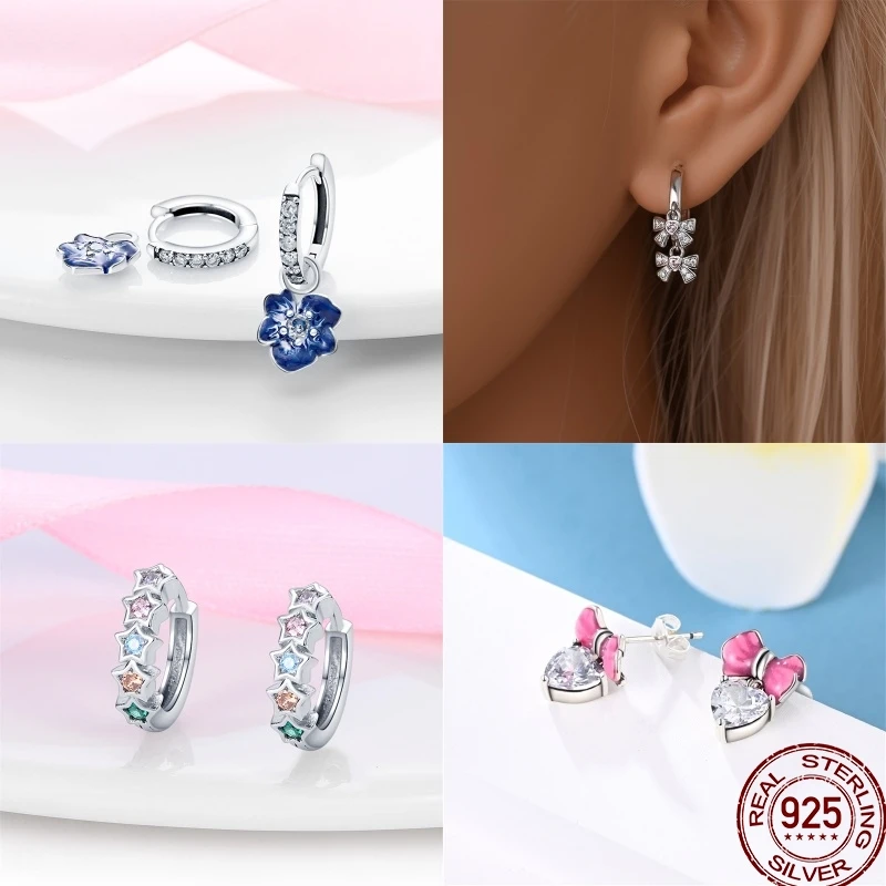 S925 Silver Pink Heart Bow Hoop/Stud/Drop Earrings with Zirconia Star Moon Bees Ladybug Charms Jewelry Gifts hoop earrings silver earrings silver stud earrings silver hoop earrings womens earrings heart hoop earrings heart earrings