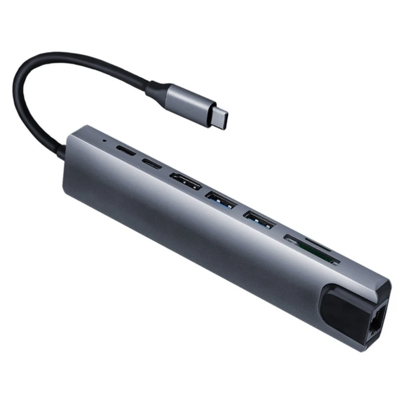 8 in 1 Multiport Adapter with Gigabit Ethernet Type-C USB Port Card Reader 601E