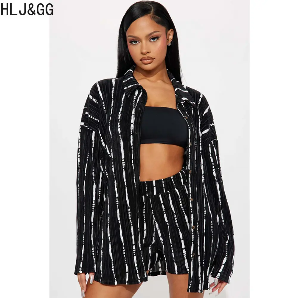 HLJ&GG Fashion Streetwear Women V Neck Button Long Sleeve Shirt And Shorts Two Piece Sets Casual Printing Matching 2pcs Outfits 2pcs plain solid basic t shirt xl multi a