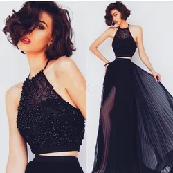 Long Elegant 2 Piece Prom gown 2018 Black chiffon Halter Sexy Open Back Beaded beach vestidos para festa bridesmaid dresses