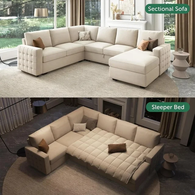 Divano letto componibile a forma di U in velluto beige con letto estraibile e contenitore per il soggiorno 4
