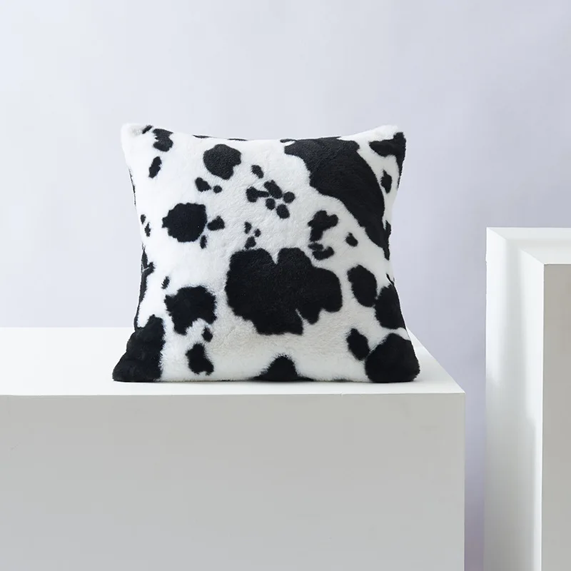 Black and white plush cow-print pillow cover