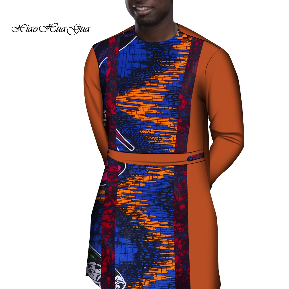 

African Clothes for Men Bazin Riche Tops Tee Shirt African Print Patchwork Long Sleeve Blouse Fashion Men Tops WYN1596