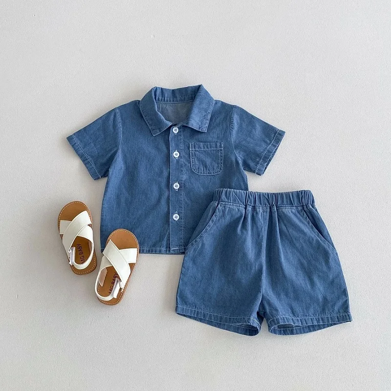 2025 Baby Solid Denim Short Sleeve Set Boys and Girls' Denim