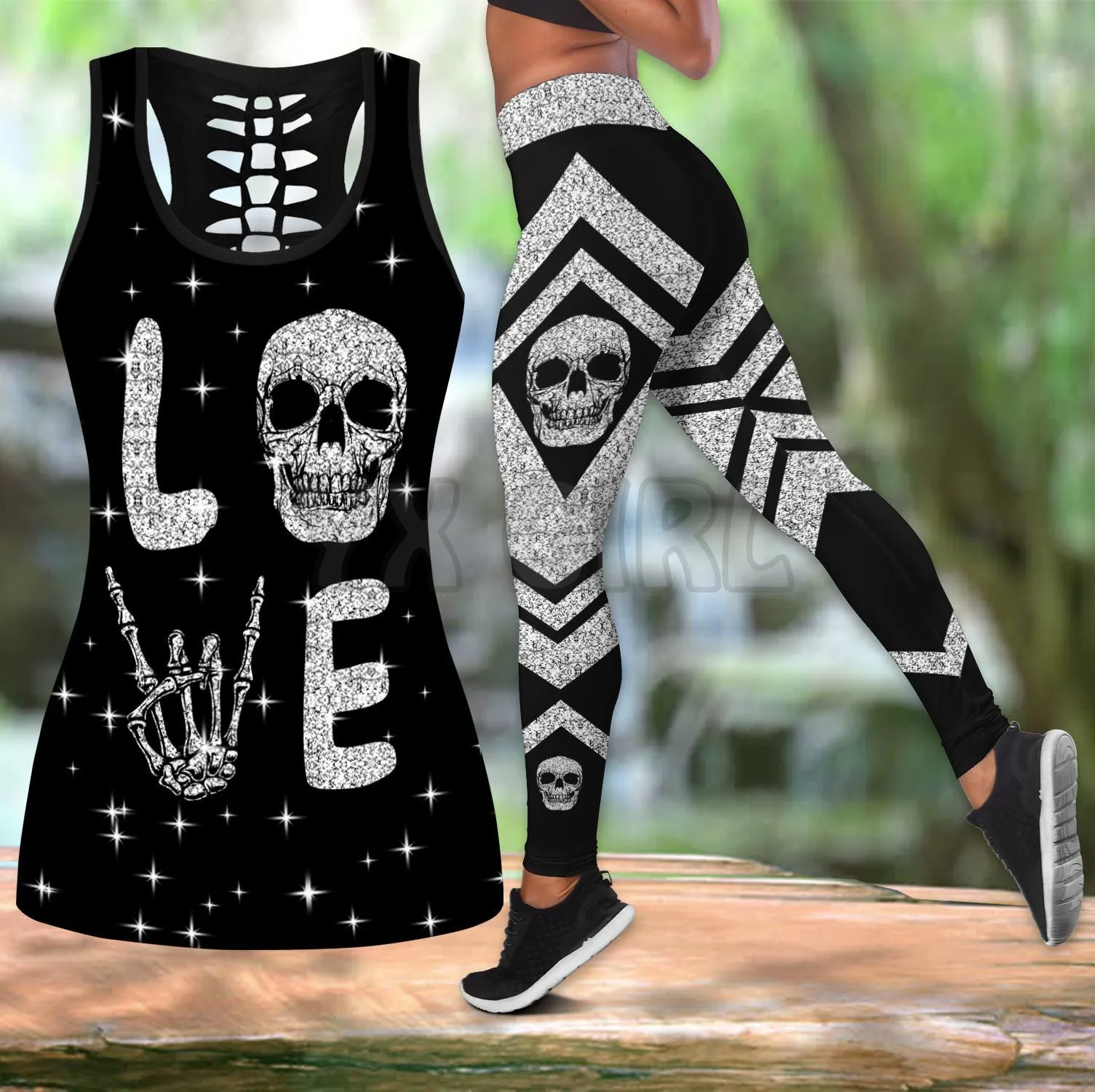 Love Skull 3D All Over Printed Combo Tanktop + Legging 3D Printed Tank Top+Legging Combo Outfit Yoga Fitness Legging Women