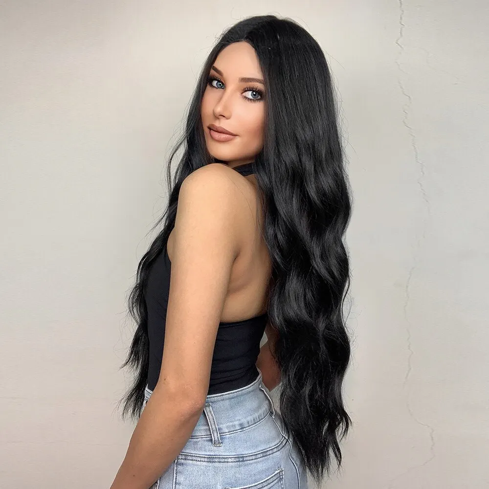 Black Wave Wigs for Women Long Natural Curly Wig Middle Part Synthetic Wig Heat Resistant Hair Daily Party Use_voghion.com