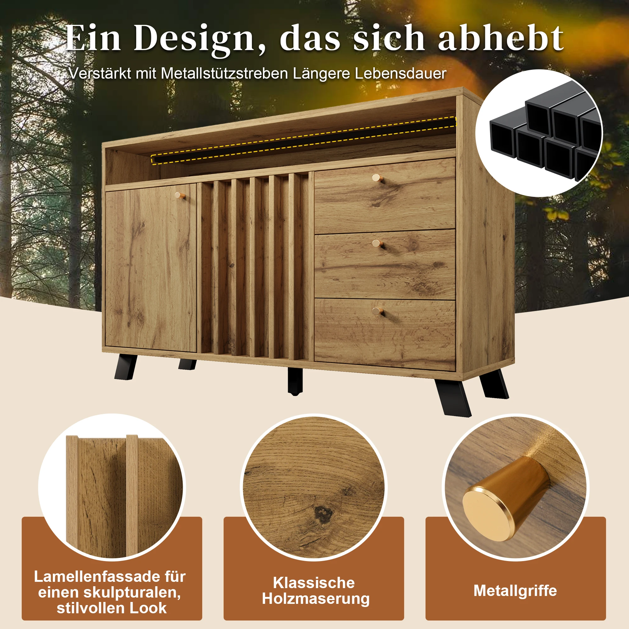 Vintage-Kommode mit Schubladen & Türen in Eiche - perfekt für Flur, Wohnzimmer & Essbereich (120x40x85 cm) – Detail 2