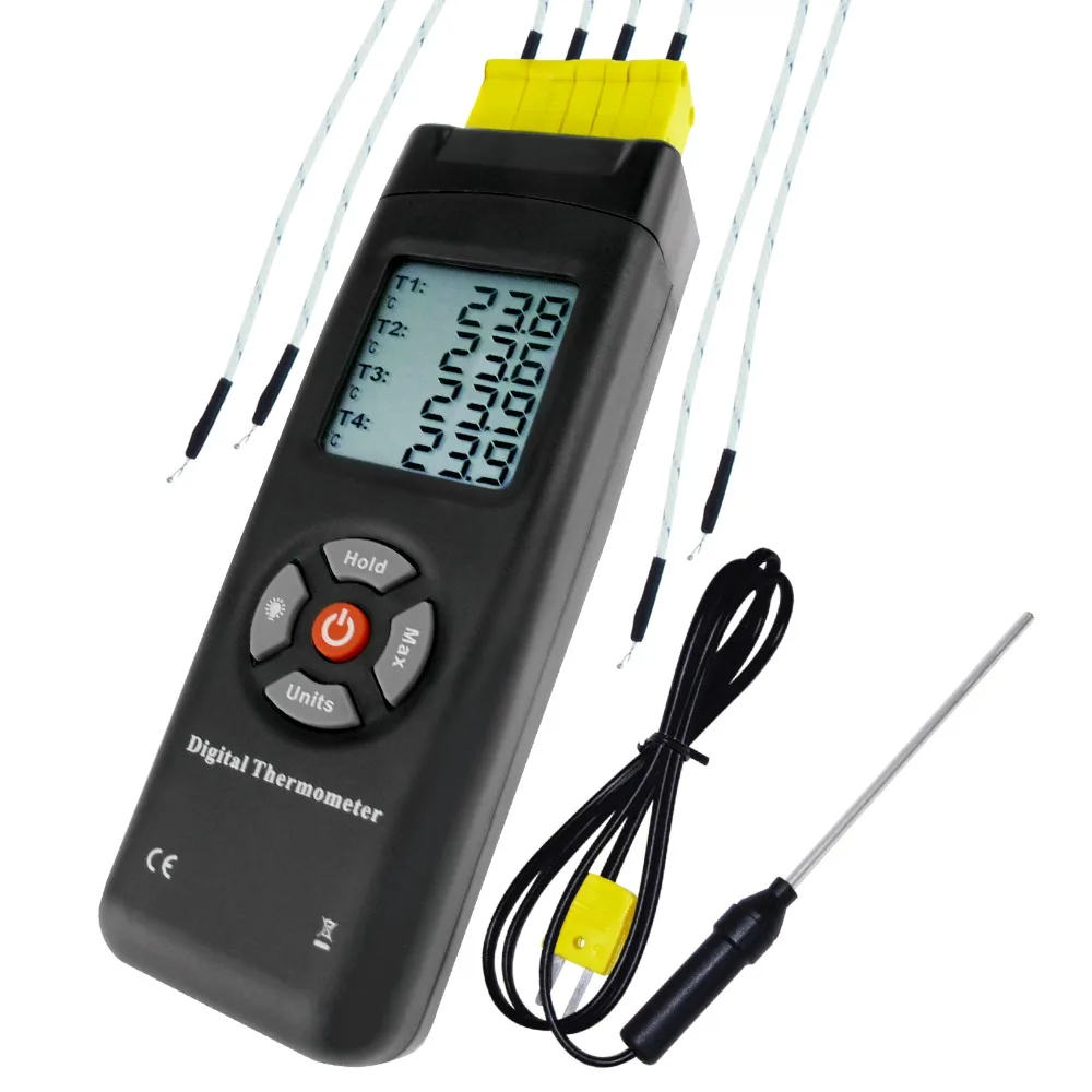 

K-Type Digital Thermocouples Thermometer with 4 Channel K-Type Metal & Bead Probe Temperature Instrument with Backlight