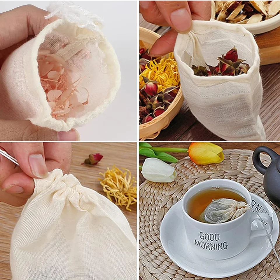 Set Da 2 Filtri Per Tè Riutilizzabili In Cotone Biologico, Con Bastoncino In Bambù - Per Tazza E Teiera
