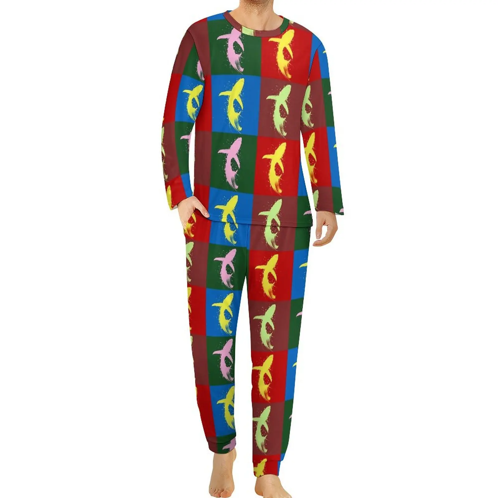 thumbnail image 1 of Pijama de tiburón blanco con silueta de animal para hombre, conjunto de pijama de manga larga moderno de 2 piezas, traje informal con gráficos para uso diario, regalo de cumpleaños, 1 of 5