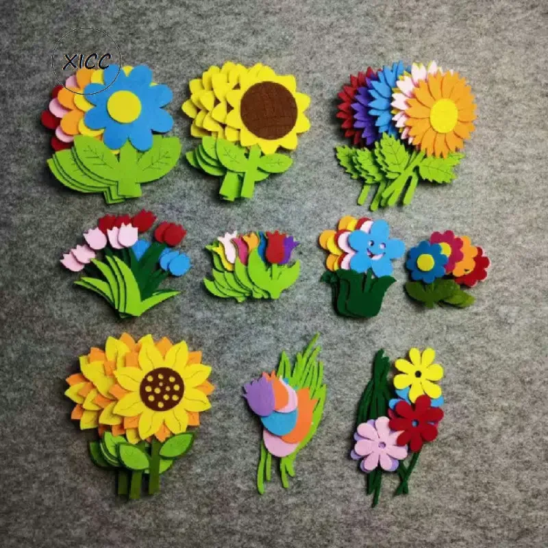 Sun Flower Non woven Felt Fabric Wall Stickers Smile Face Tulips Flower Kindergarten School Classroom Kids Handmade DIY Toys felt fabric sheet craft fabric flowers