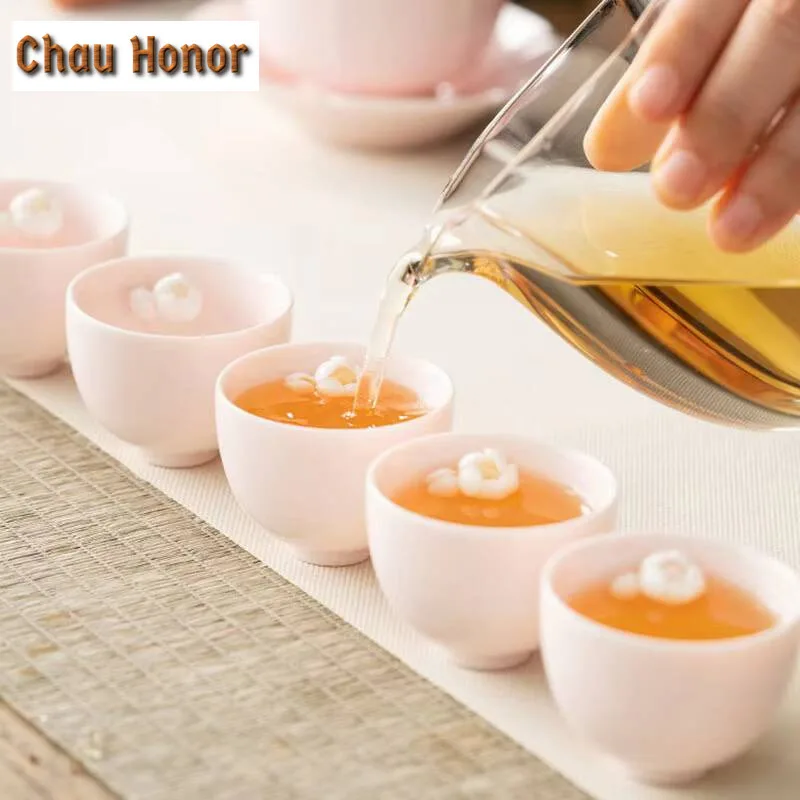 2pc/lot Kneading Flower Mutton Fat Powder Jade Teacup Aesthetic Tea Bowl Tea-tasting Fragrance Cup Master Cup Drinkware 40ml