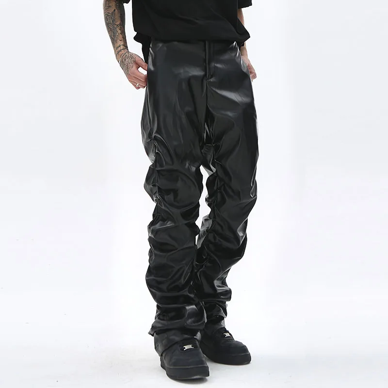 Hip Hop Mens Pleated Pu Leather Pants Harajuku Retro Streetwear Loose Ruched Casual Trousers Straight Solid Color Black Pants 2