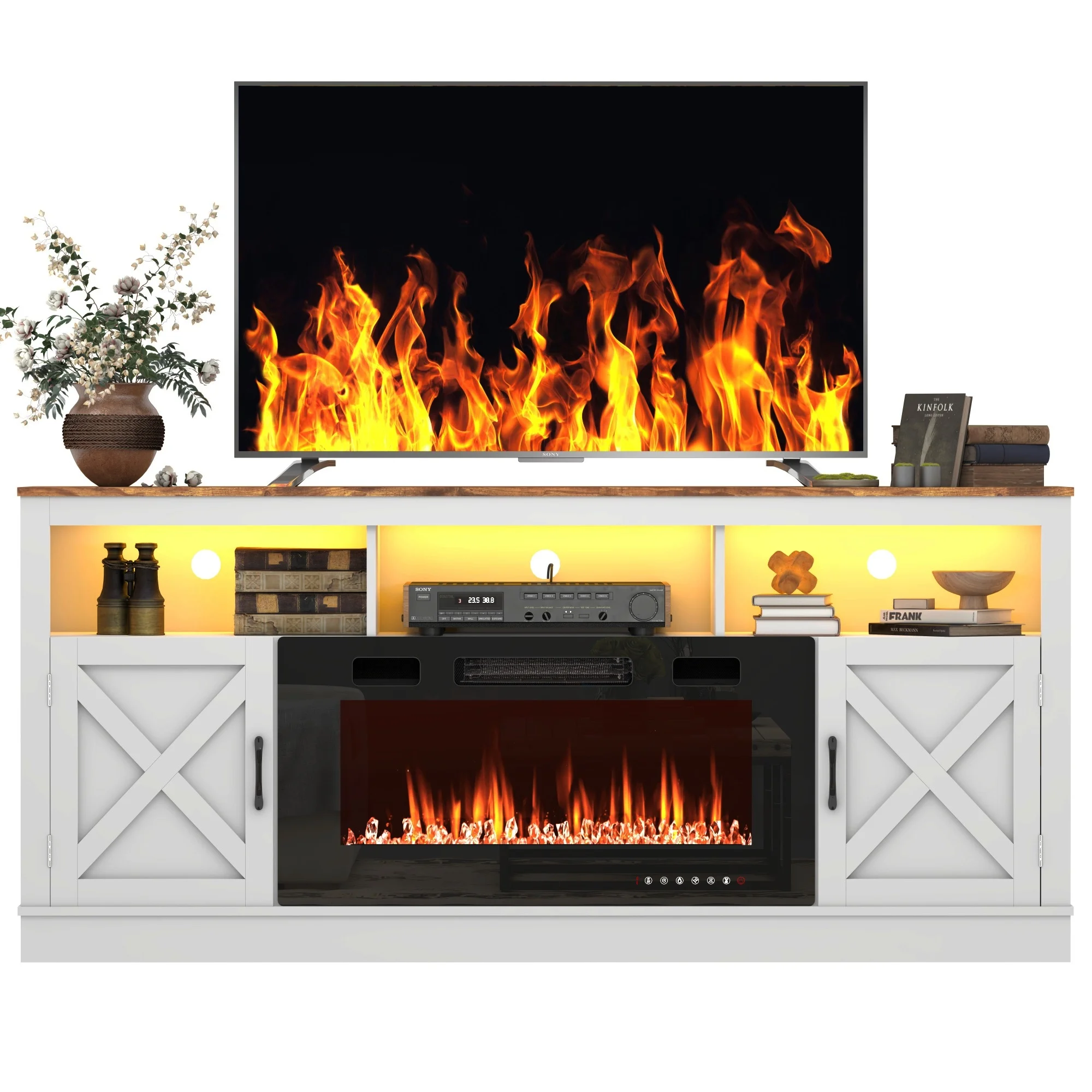 Farmhouse Fireplace TV Stand for 70/75/80&rdquo; TV 71&rdquo; Entertainment Center with Barn Door & LED Light White/Grey media tv console table fireplace tv stand