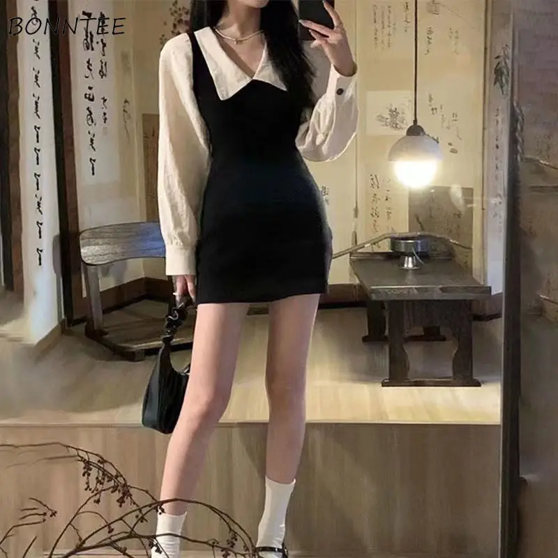 

Fake 2 PCS Dresses Women Patchwork Slim Turn-down Collar Long Sleeve Mini Ladies Cloth Fashion Design Korean Style Fall Outwear