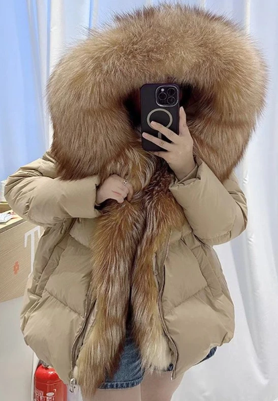 2023 Oversize New With Hood 90 White Duck Down Jacket Winter Women Coat Loose Natural Real Fox Fur Collar Thick Warm Outerwear winter new real natural fur hooded long jacket women 90% white duck down coat loose drawstring thick warm snow outwear