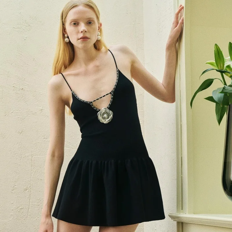 Deep V Neck Flower Sexy Mini Dress For Women Black New Spaghetti Strap Slim Fit Sleeveless Club Party Elegant Dress