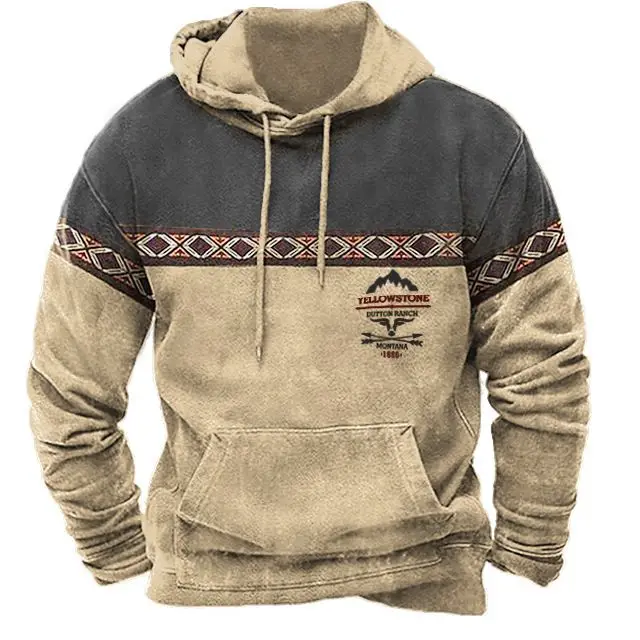 Spring Autumn Men Cowboy Hoodie Vintage Print Casual Stylish Pullover Fashion Long Sleeve Hooded Clothing Male Retro Streetwear