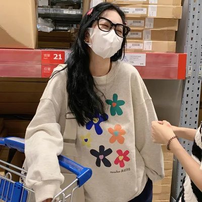 

Printing Flower Loose Women's Hoodies Spring Autumn Apricot Grey Oversize Korean Version Female Sweater