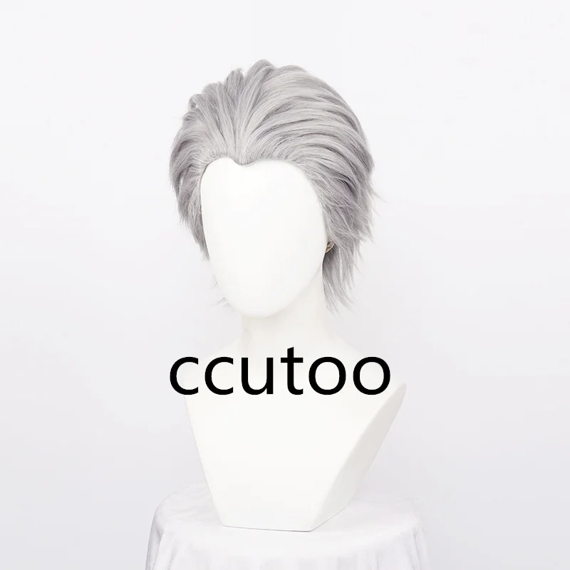 Perruque Synthétique Vergil Cosplay Courte pour Homme, Cheveux Gris Argenté, Dos Léché, Degré de Chaleur, Bonnet