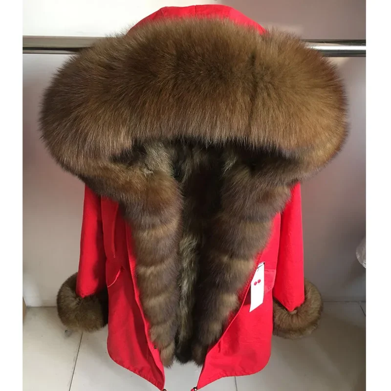 

2023 New Winter Women Real Fur Coat Natural Raccoon Fur Lining Jacket Long hooded With big fur collar Thick Warm black Parkas