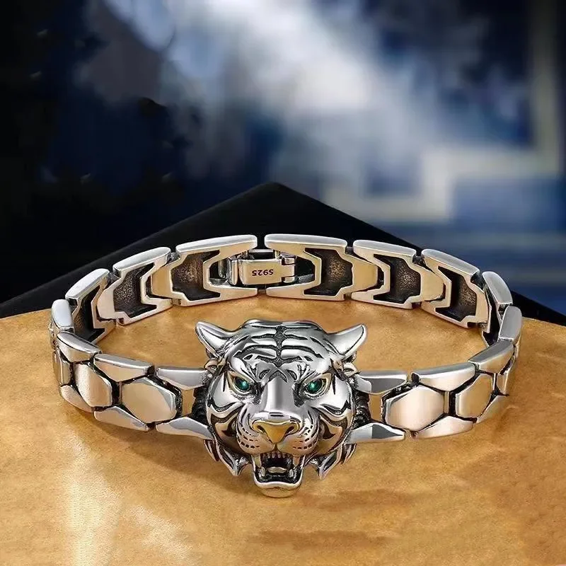 

Original Design Tiger Head S925 Sterling Silver Domineering Tiger Zodiac Bracelet Men's Fashion Personalized Silver Gifts Bangle