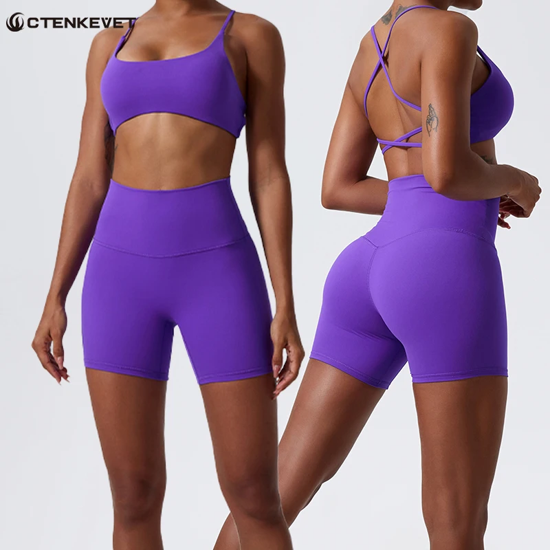 Ctenkevet Two Pieces Yoga Set Women Gym Shorts Sports Suit Female Soften Skin-Friendly Activewear Beauty Back Women Sportswear yoga set sports set gym workout set sportswear set fitness set sports bra set yoga pants set sports set shorts