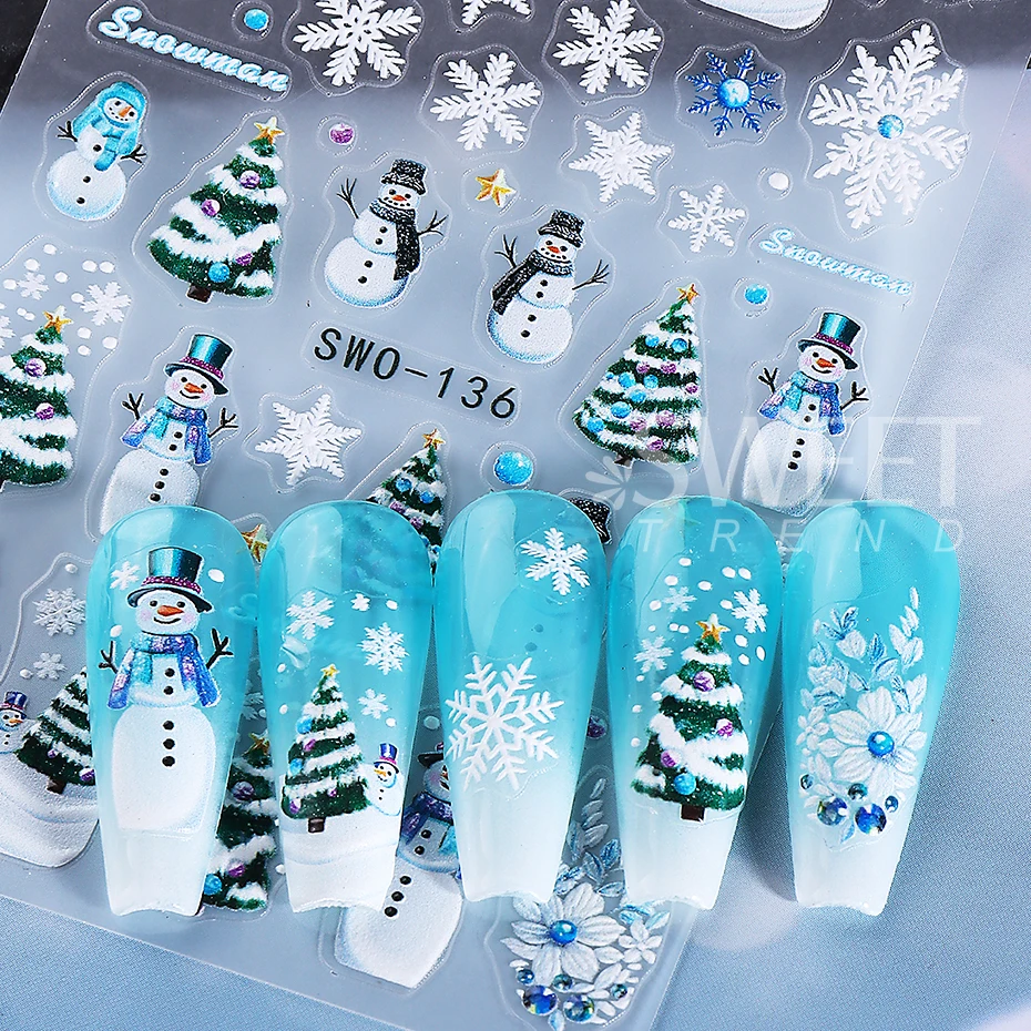 2/3pcs Embossed Christmas Nail Stickers Cute Snowman Snowflakes Bow Gingerbread Christmas lights Nail Decor Decals Nail Supplies