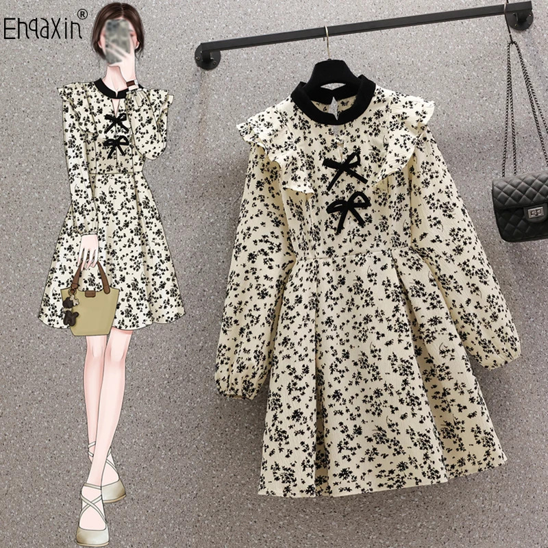 

EHQAXIN 2023 Spring New Women's Dress Fashion Retro Fragmented Flowers Sweet Auricular Edge Bow A-Line Dresses For Ladies M-4XL