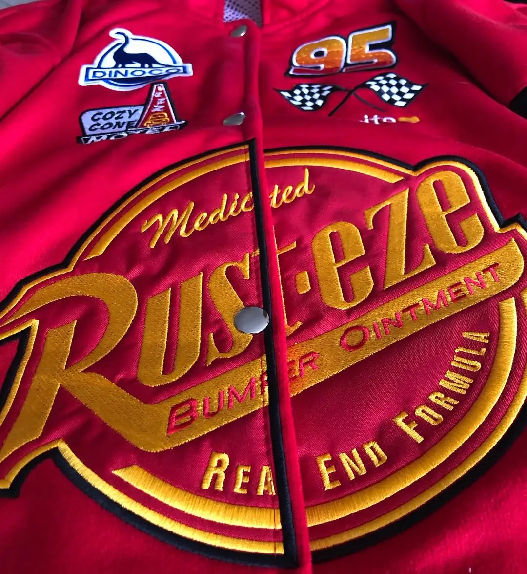 Mens and Womens Red Black Racing Style Baseball Jacket with Flame Pattern Number 95 Single Breasted American Style Outdoor Wear
