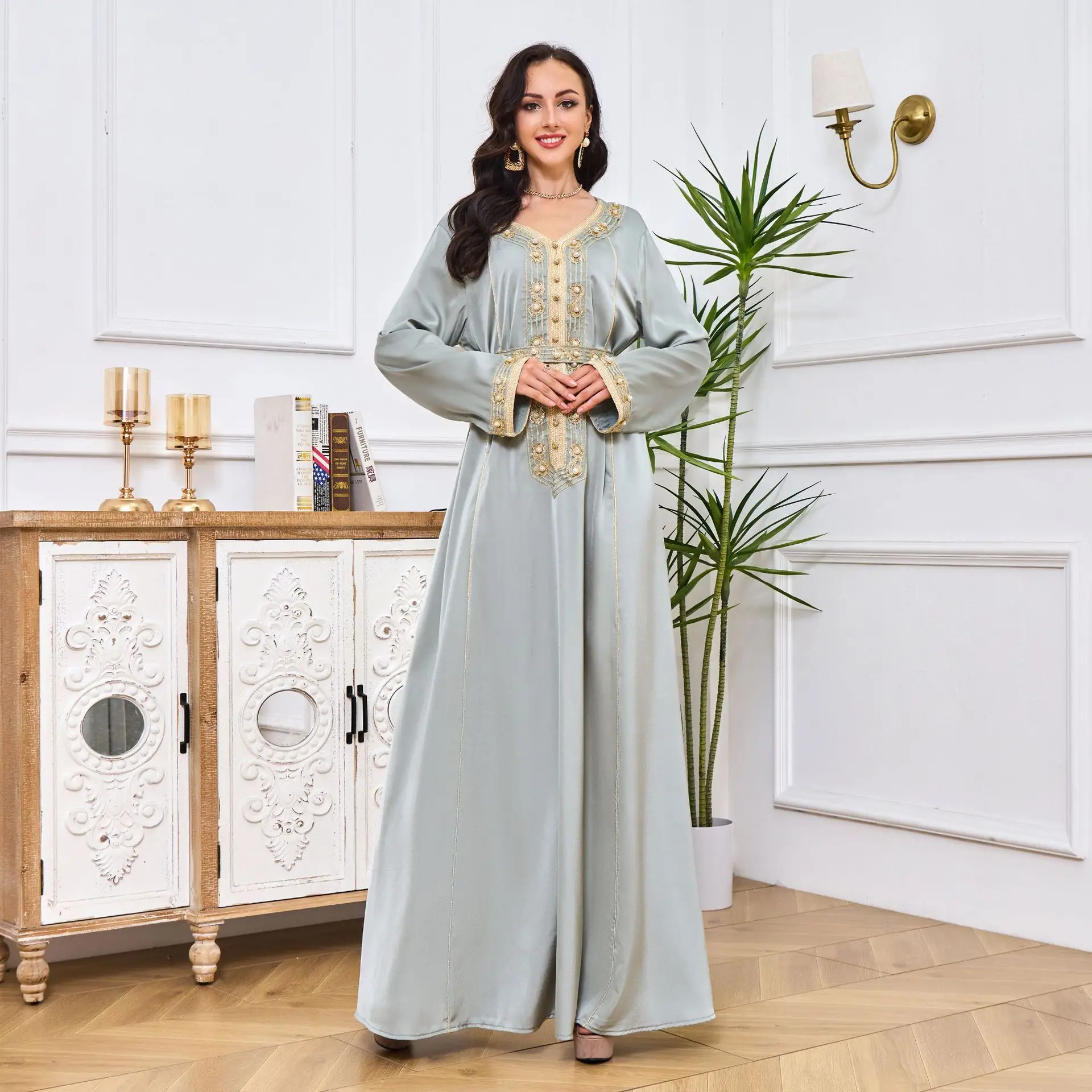 abaya-robe-longue-turque-a-manches-sulfet-col-en-v-pour-femme-vetement-Elegant-avec-ceinture-style-musulman-dubai