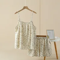 100% Cotton Women's pajama Set Woman 2 Pieces Spaghetti Strap Sleepwear Women Floral print Pajama Loungewea Spaghetti Strap 1