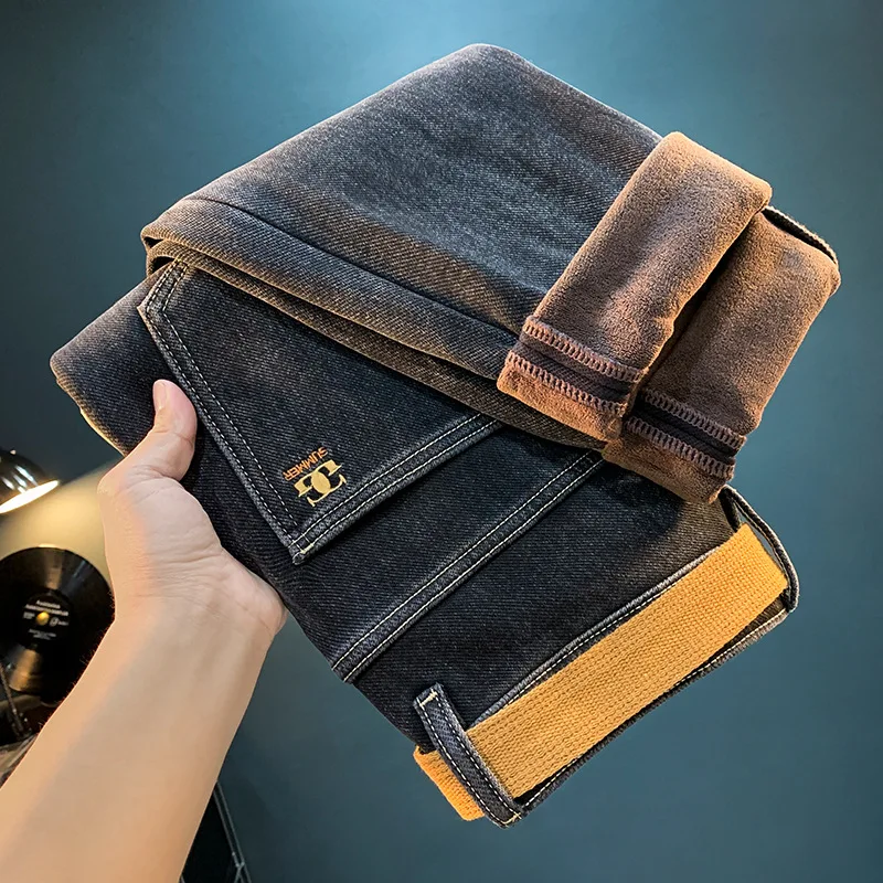 Fleece-lined Thick Jeans Men's Winter Trendy Casual Slim Fit Feet Cold-Resistant Warm Light Straight-Leg High-End Trousers 4