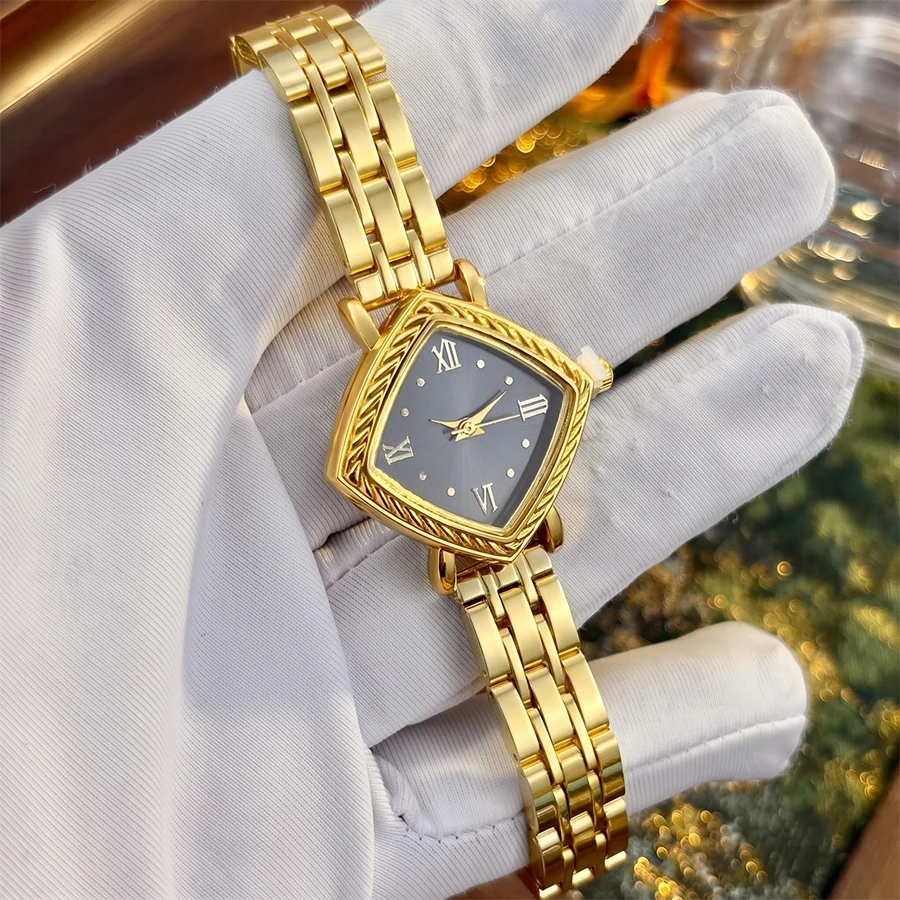 Gold Watch: Timeless Mid-Century Retro with Diamond Dial and Brushed Stainless Steel Band