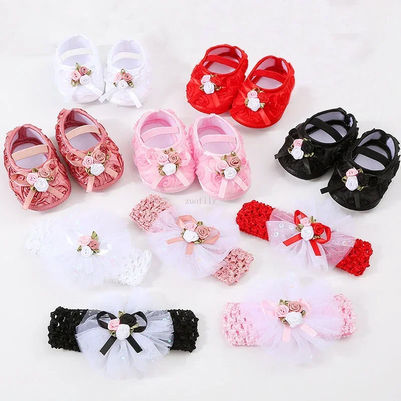 New 0-18M Birthday Infant Newborn Baby Girls Baptism Solid Shoes Bowknot Pearl Princess Soft Sole Shoes First Walkers + Hairband 6