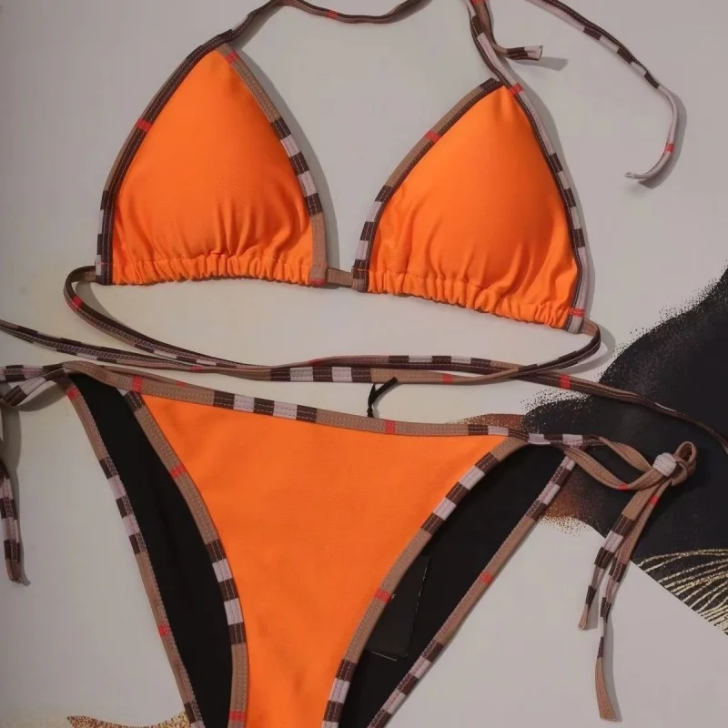 2024 Women's Sexy Solid Color Bikini Adjustable Lace-Up Swimsuit Summer Brazilian Beach Swimsuit Triangle Halterneck Bikini Set