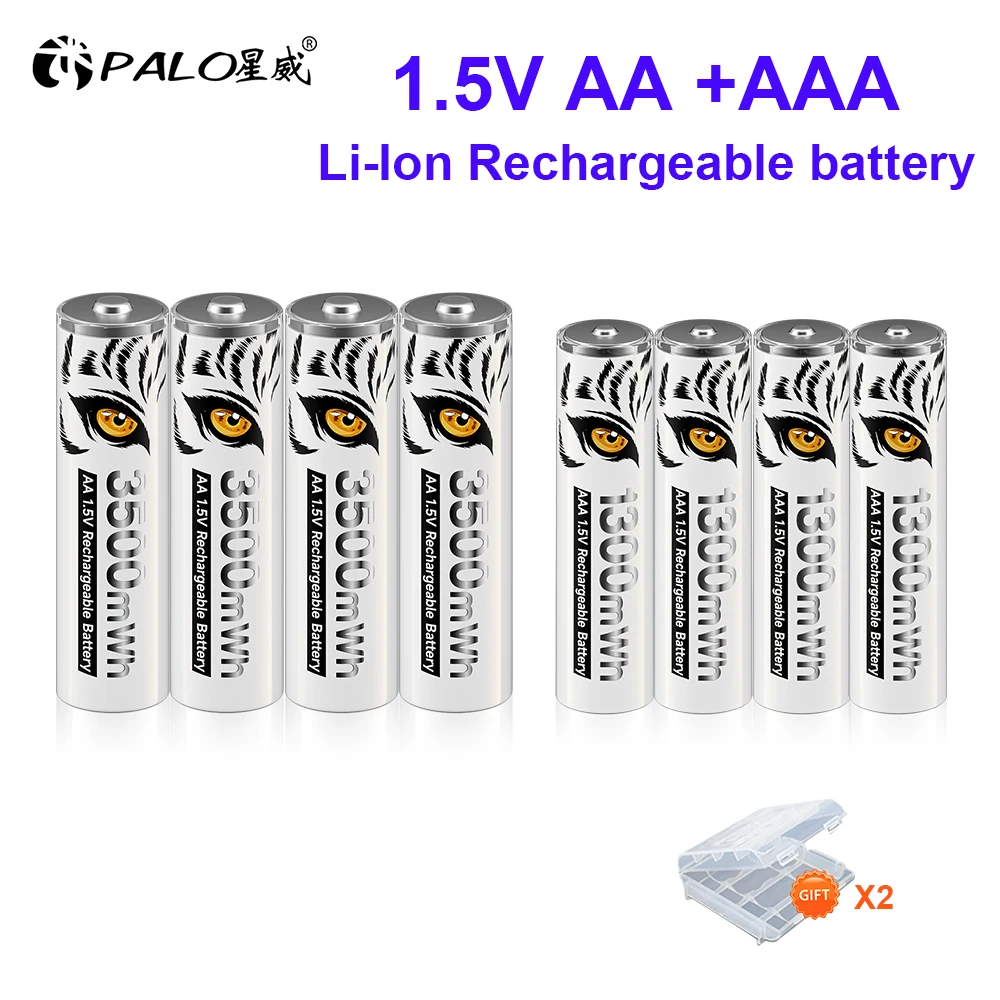 PALO 1.5V AA+AAA Rechargeable Li-Ion Battery 3500mWh 2A AA Lithium ion Batteries 1300mWh AAA 3A Battery With Battery Case