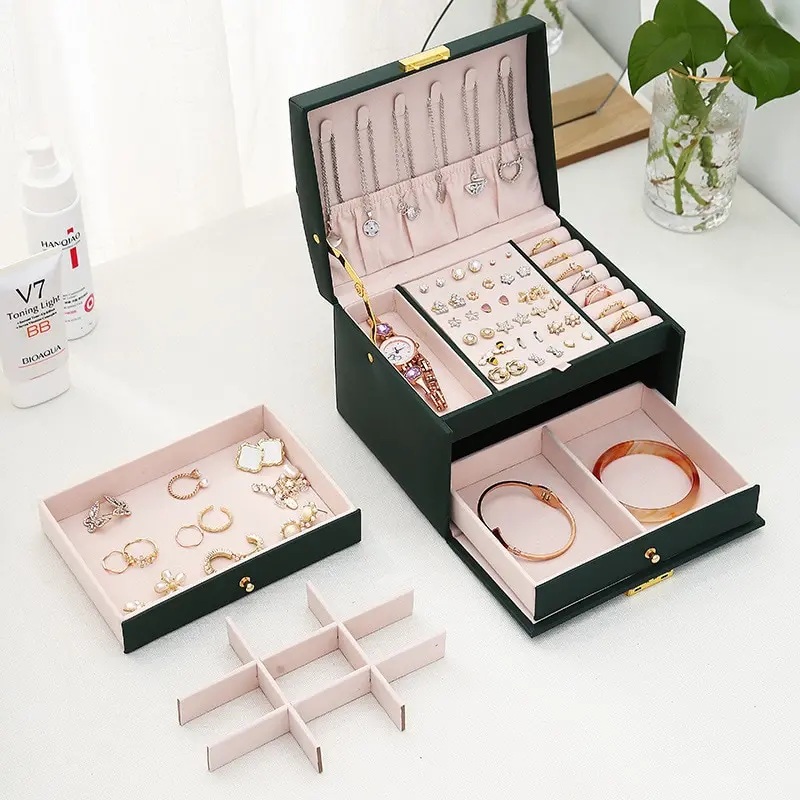 1pcs Multi Functional Three Layer Leather Drawer Style Jewelry Box Earrings Earrings Lock Jewelry Box 2