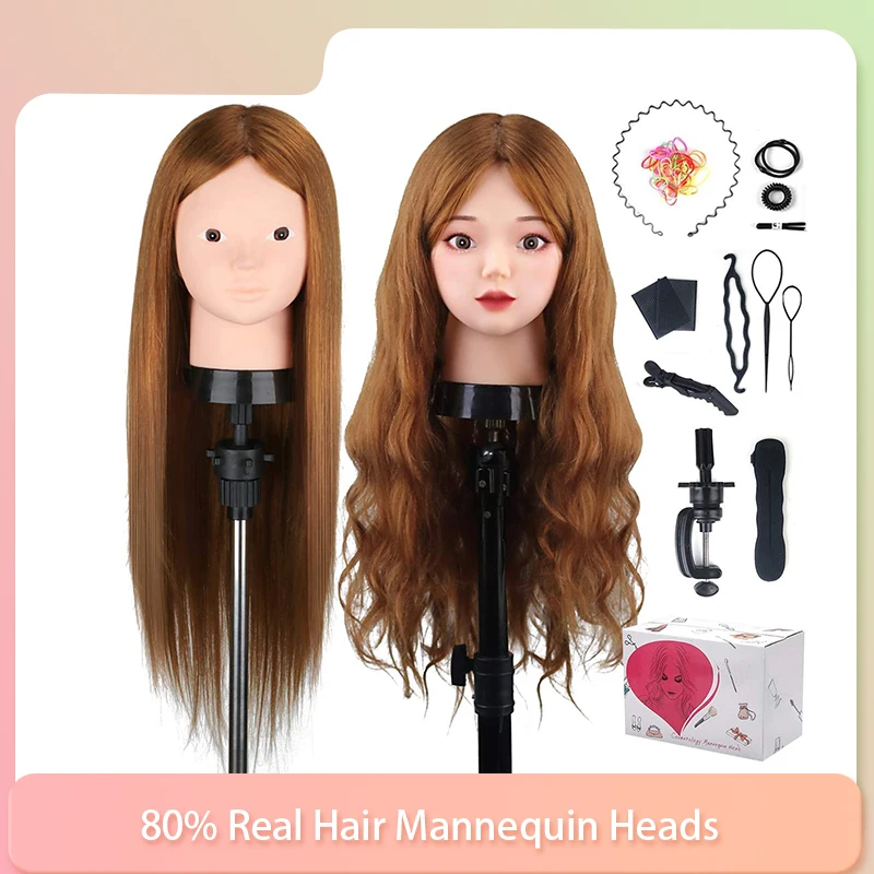 80% Real Human Hair Mannequin Head For Hair Training Styling Solon  Hairdresser 60cm Doll Head For Braiding Makeup Exercises