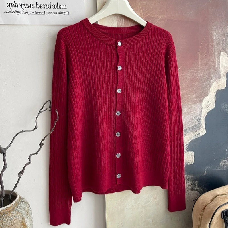 2025 New Casual Versatile Tops Autumn Winter Women's Crew Neck Cardigan Pure Color Long Sleeve Single Breasted Knitted Sweater - Image 5