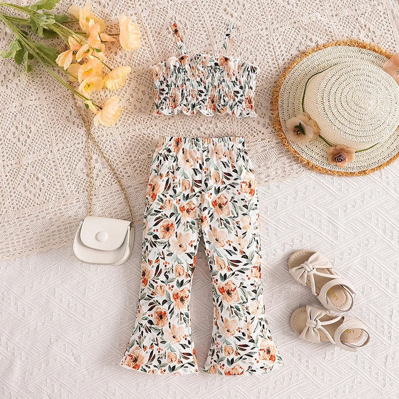 2024-04-02 lioraitiin 9M-5Y Kid Baby Girls Summer 2PCS Pants Sets Sleeveless Ruched Floral Camisole Flared Pants Sets 4