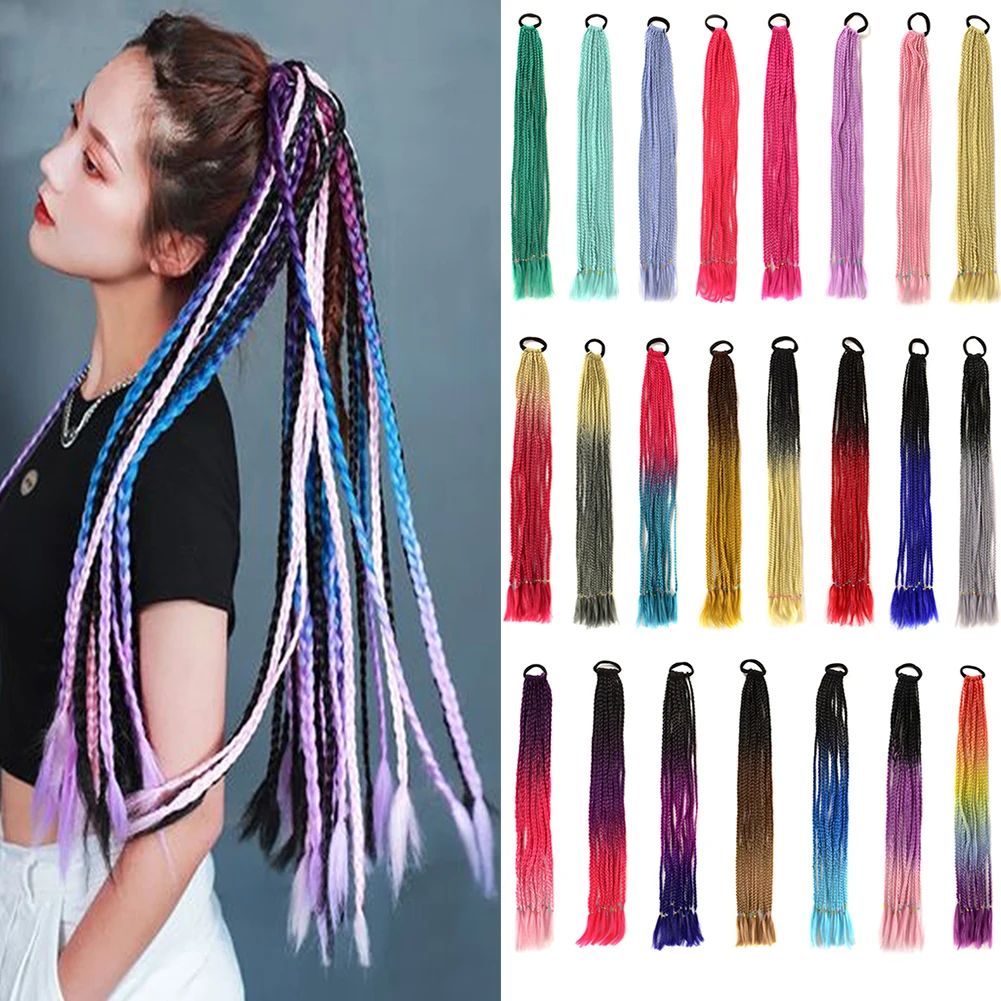 

Colorful Braided Ponytail Hair Extension 24 Inches Synthetic Rainbow Color Braids Pony Tail with Elastic Band for Women Girls