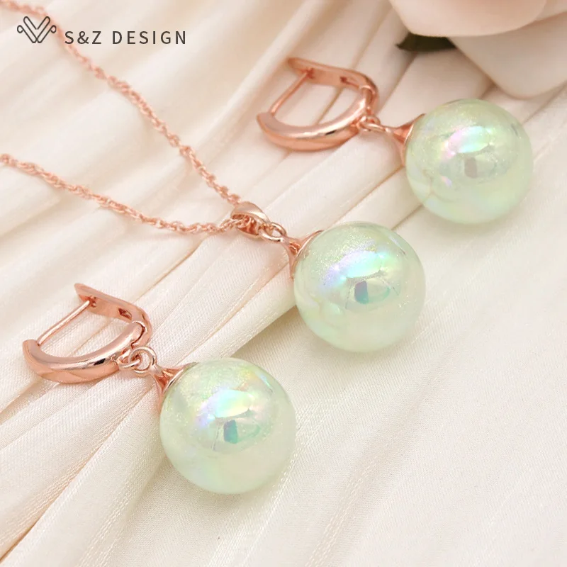 S&Z DESIGN New Fashion 585 Rose Gold Color Round Colorful Bead Drop Earrings Jewelry Sets For Women Wedding Pendant Necklace