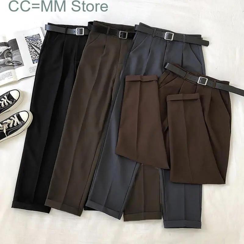 New Woman Suit Pants Cuffs Spring Autumn Casual High Waist Ankle Length Elegant Office Ladies Harem Pants with Belt spring and autumn new jeans women s high waist ladies harem pants large size loose nine points carrot pants women s pants
