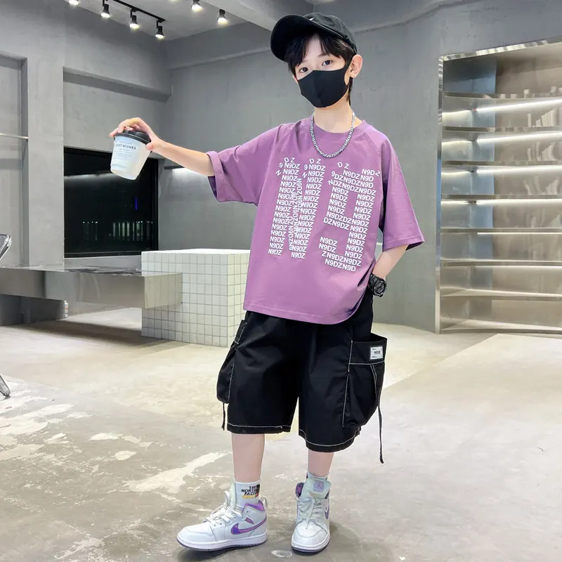 

Cool Boys Casual Tops and Shorts Summer Two Pieces Children's Clothes Suit Short Sleeve European Style Kids Teenage Sport Outfit