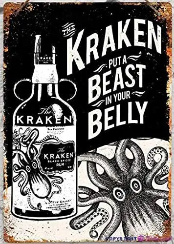 Retro Metal Tin Sign Kraken Rum Replica Tattoo Drink Tin Sign,Cave,Bar,Club, Home Wall Art Metal Tin Sign 8X12 Pollici